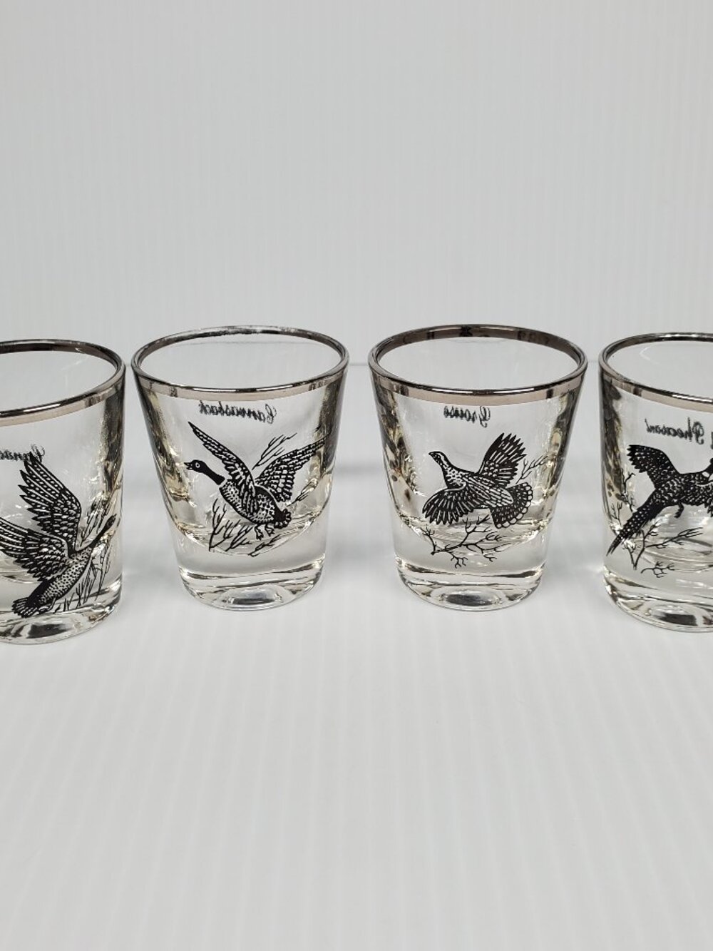 Vtg Anchor Hocking 4 Game Bird Shot Glasses Wild Turkey Pheasant Duck Quail